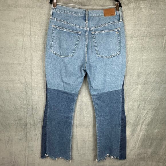 Madewell X ISKO Jeans Women 30 Blue Patchwork Flare Raw Hem Boho Festival Hippie - Picture 6 of 13